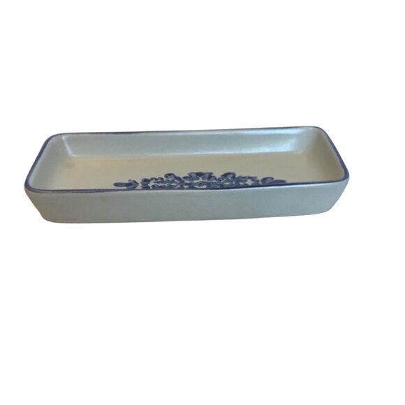 Vtg Rectangular Stoneware Trinket Relish Dish Blue Floral Design 7.5"x 3.75" x1" - Picture 2 of 6